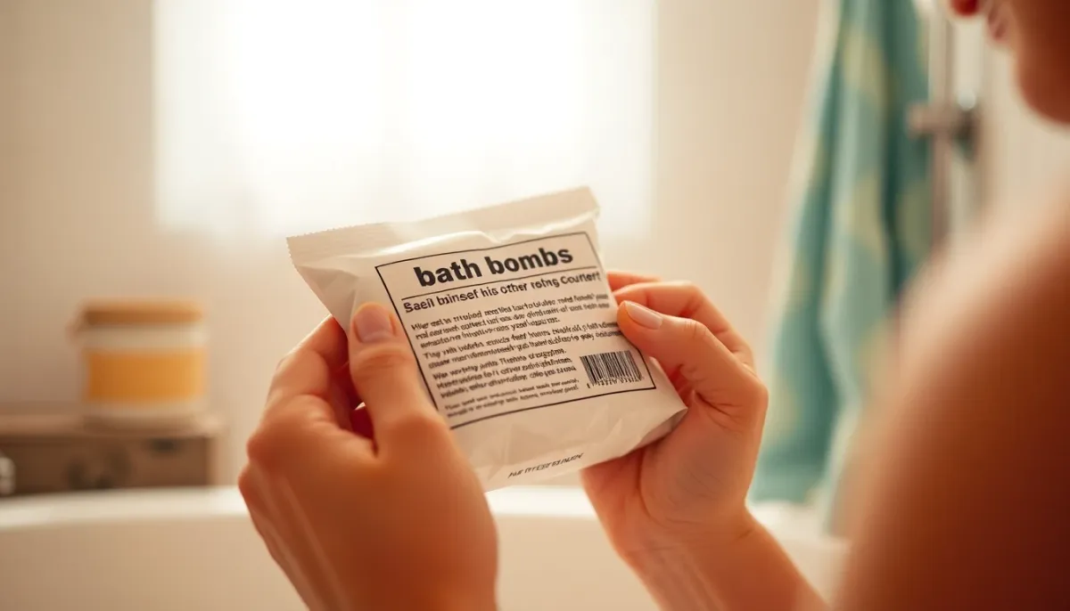 Parent lisant attentivement l'étiquette INCI d'une bombe de bain avant de l'utiliser pour son enfant