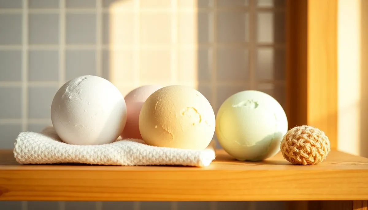 Sélection de bombes de bain hypoallergéniques pour enfants en teintes douces sur une étagère de salle de bain