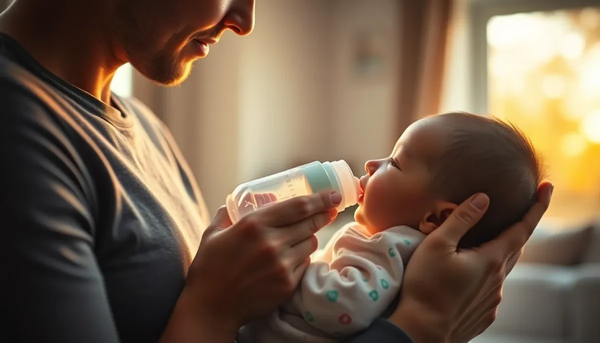 Parent donnant le biberon à son nourrisson en position légèrement inclinée pour limiter l'ingestion d'air et prévenir le hoquet