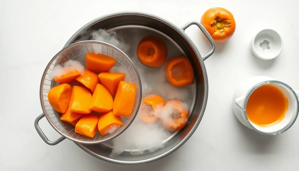 Préparation de la compote de kaki pour bébé avec morceaux de fruit dans un cuiseur vapeur et mixeur bébé