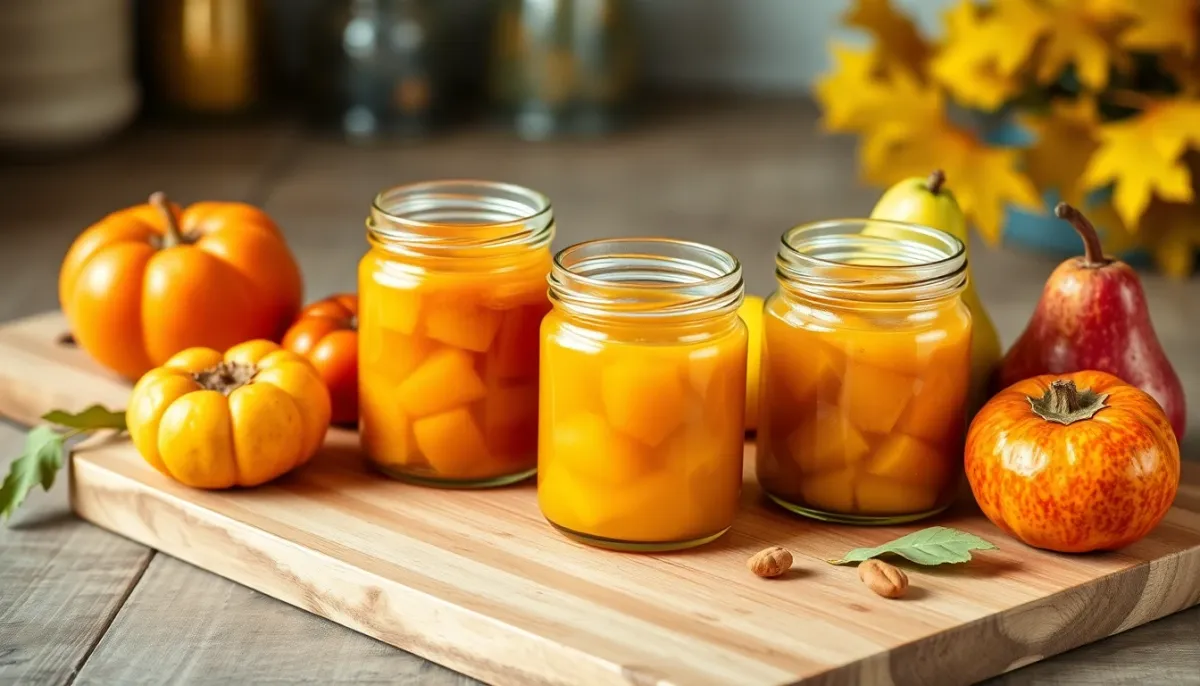 Variantes de compotes pour bébé à base de kaki, pomme et poire dans des petits pots en verre sur une planche en bois