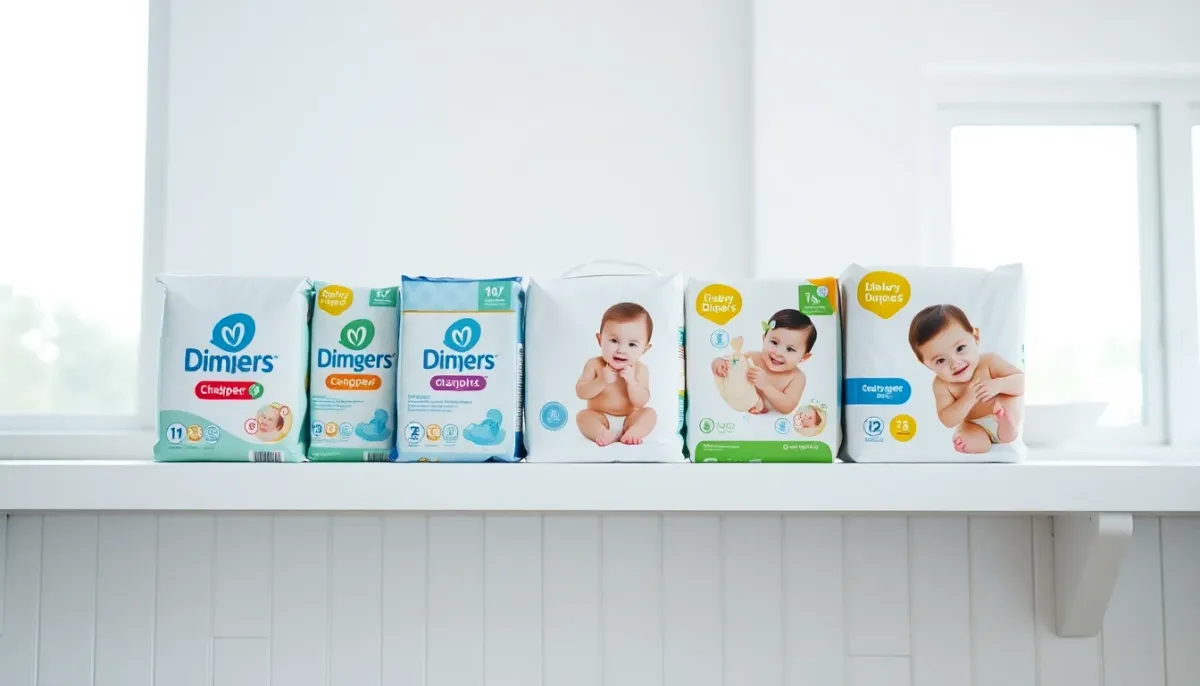 Plusieurs paquets de couches bébé de marques différentes alignés sur une étagère pour comparaison