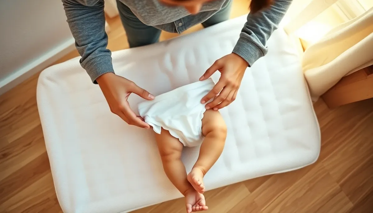 Parent changeant la couche d'un bébé sur une table à langer, vue de dessus, ambiance chaleureuse