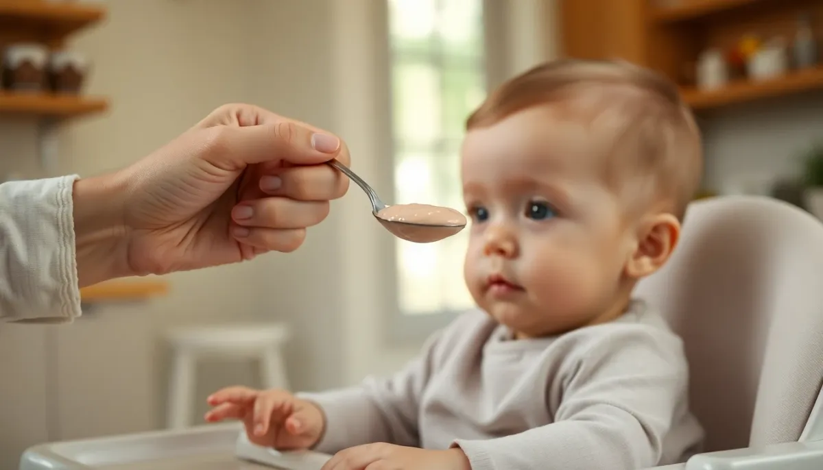 Bébé découvrant une purée de crevettes cuites lors de la diversification alimentaire précoce