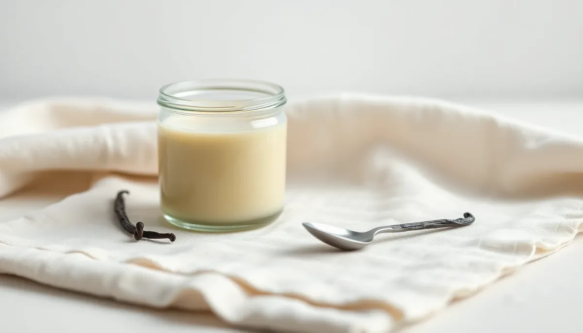 Pot en verre de crème pâtissière maison sans sucre avec une gousse de vanille et une petite cuillère pour bébé