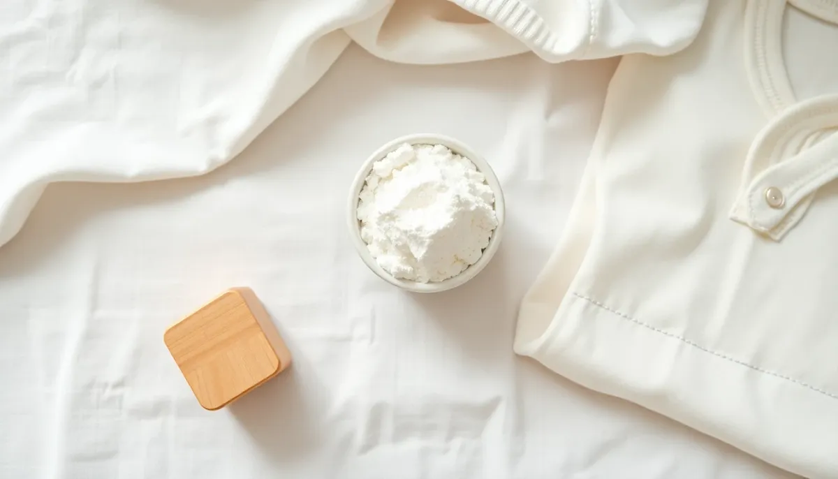 Bicarbonate de soude alimentaire présenté avec des jouets et vêtements de bébé illustrant les usages autorisés autour du nourrisson