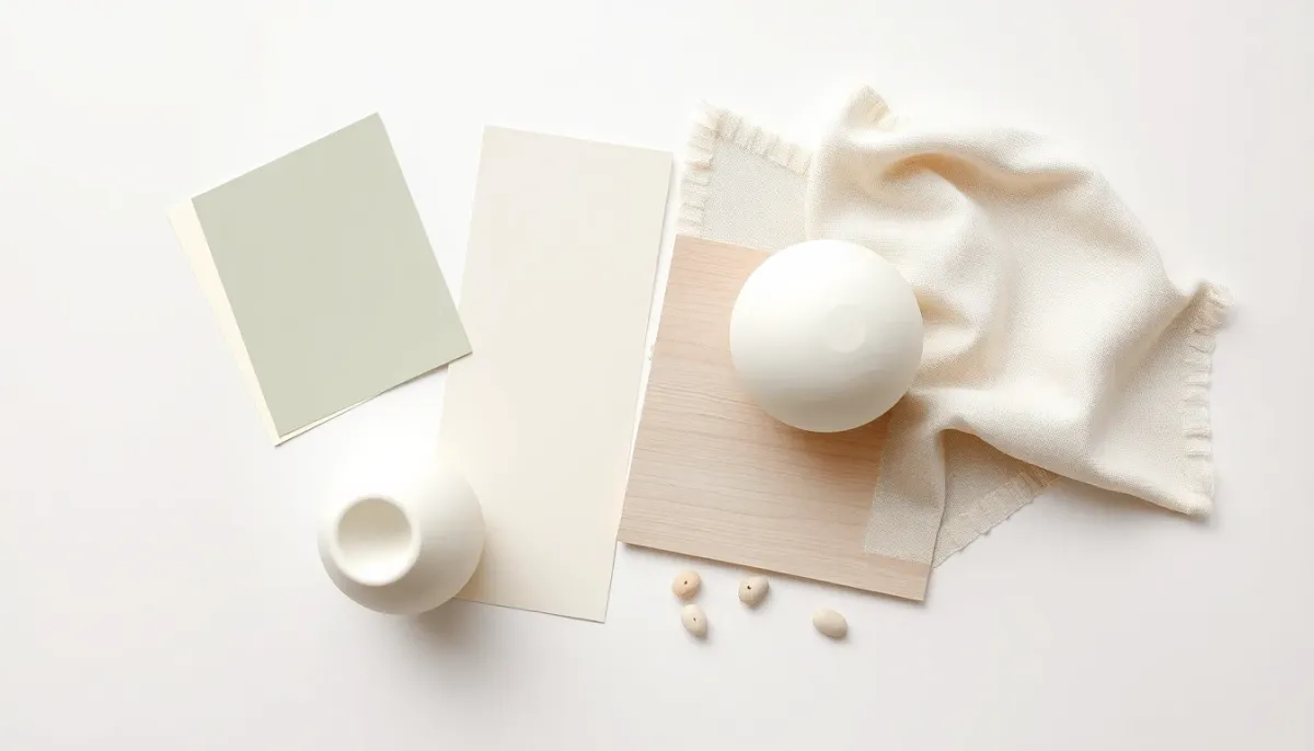 Palette de couleurs neutres pour chambre bébé mixte : vert sauge, beige, blanc cassé et jaune pâle