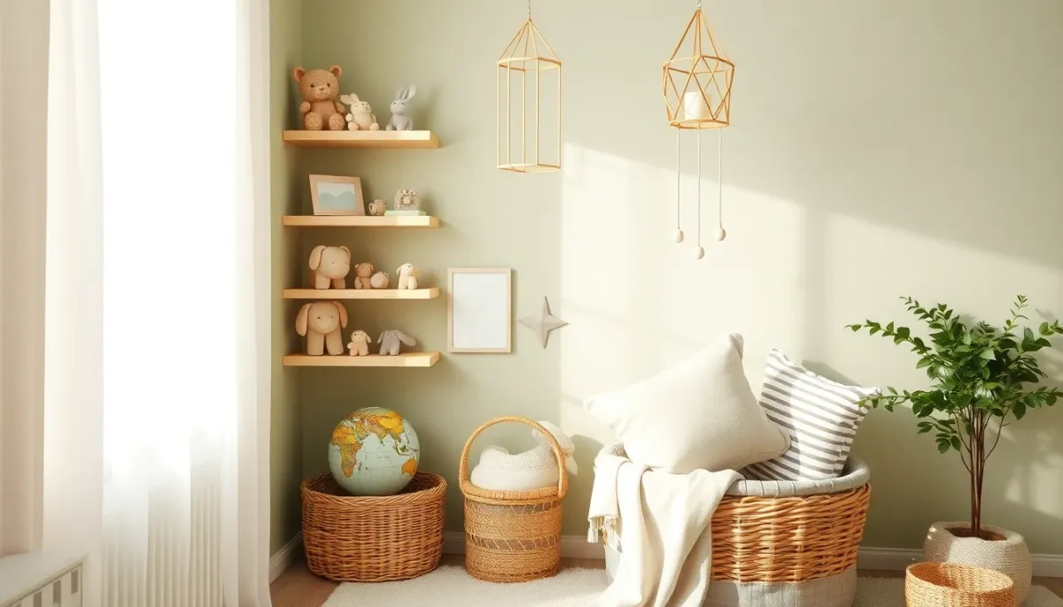 Coin déco chambre bébé mixte avec étagères en bois, accessoires animaux et mobile géométrique en tons neutres