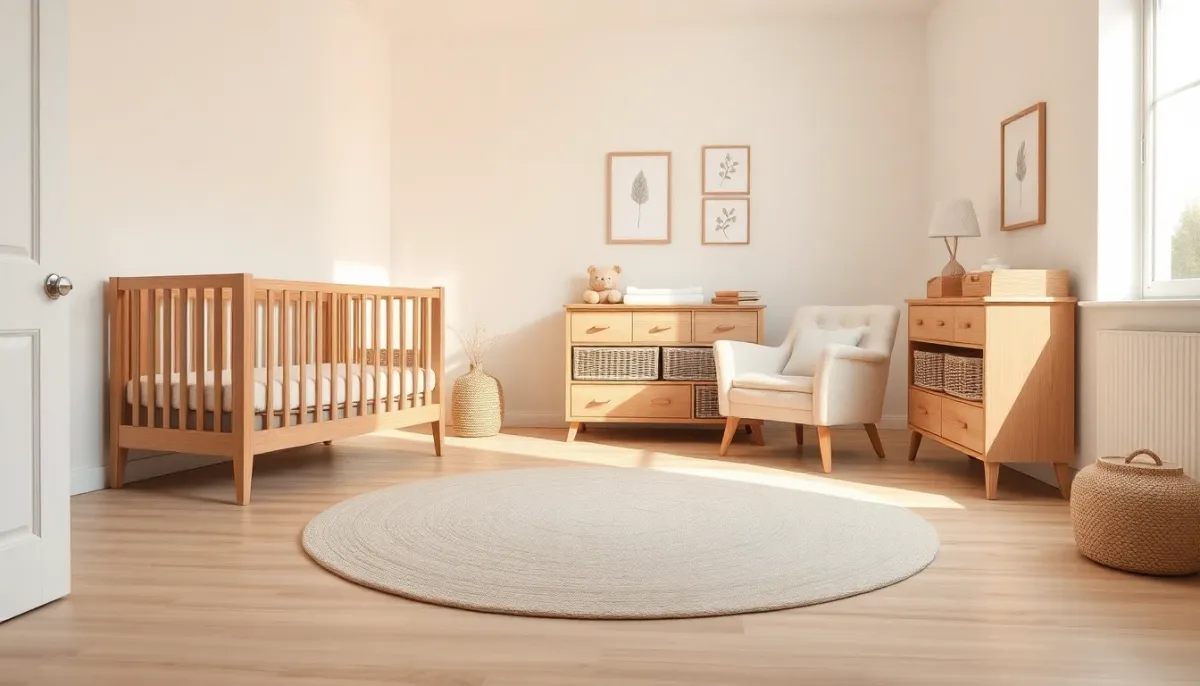 Aménagement complet d'une chambre bébé mixte avec lit évolutif, commode et fauteuil en mobilier bois naturel