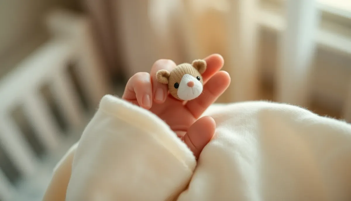 Main de nouveau-né agrippant un doudou plat en mousseline de coton
