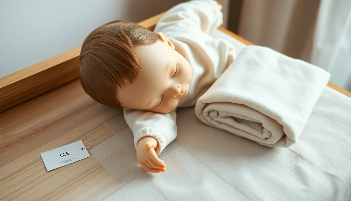 Doudou poupée pour bébé posé sur une table à langer avec des étiquettes de certification CE et des tissus hypoallergéniques