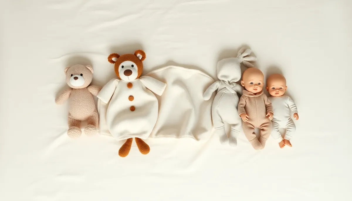 Comparatif des quatre types de doudous poupées pour bébé : peluche classique, doudou plat, poupée de chiffon et poupon