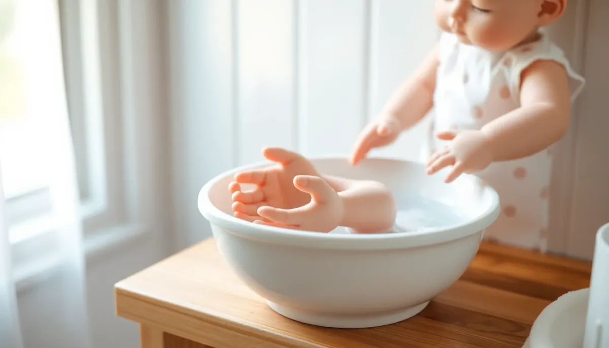 Entretien d'un doudou poupée pour bébé lors d'un lavage délicat à la main dans un bac d'eau savonneuse