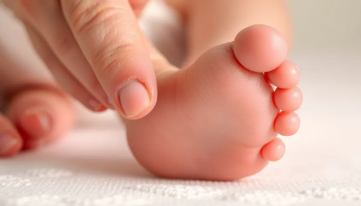 Pouce d'un parent effectuant une pression douce sur la plante du pied d'un bébé, illustrant les zones réflexes plantaires