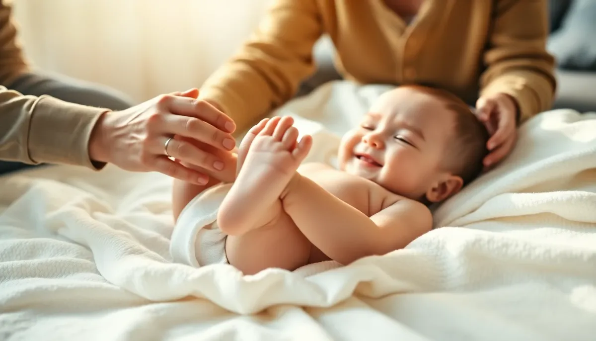 Parent massant les pieds de son bébé allongé sur une couverture douce, illustrant les gestes étape par étape du massage