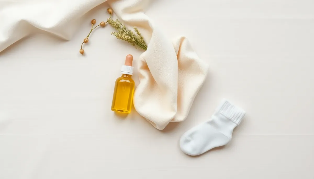 Vue de dessus des accessoires pour le massage des pieds de bébé : huile végétale, tissu en mousseline et chaussettes de nourrisson
