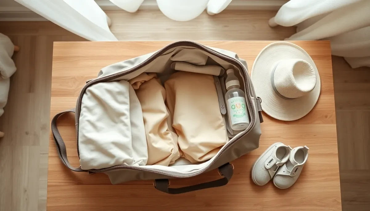 Sac de voyage bébé préparé avec les essentiels pour un premier voyage en France avec un nourrisson de 3 mois
