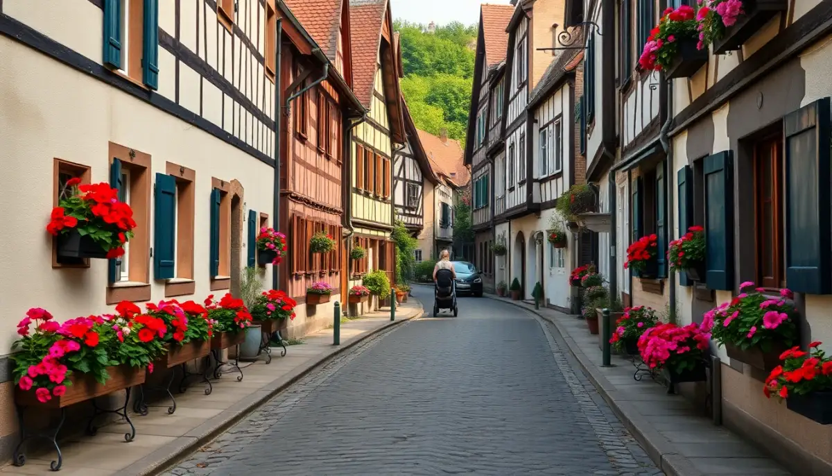 Village alsacien pittoresque avec ruelles accessibles en poussette, une des destinations reposantes pour voyager avec bébé en France