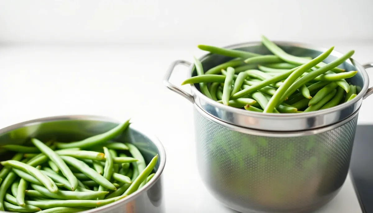 Cuisson à la vapeur de haricots verts extra-fins dans un panier vapeur en inox pour préparer une purée bébé