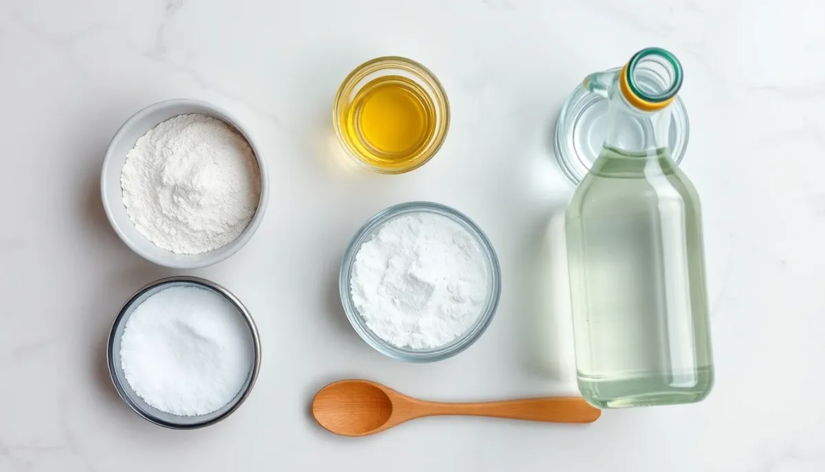 Ingrédients pour pâte à modeler comestible maison : farine, sel, bicarbonate, huile et eau disposés sur un plan de travail