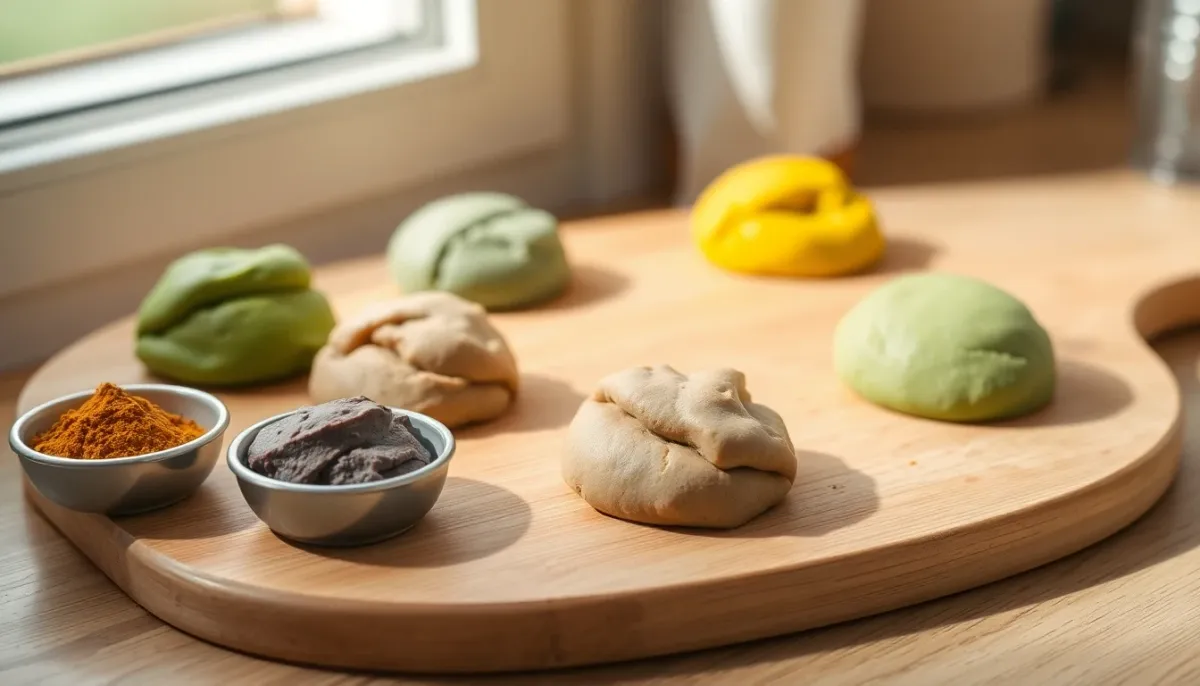 Pâte à modeler colorée avec des colorants naturels comme le curcuma, la spiruline et l'açaï, résultats en teintes pastels