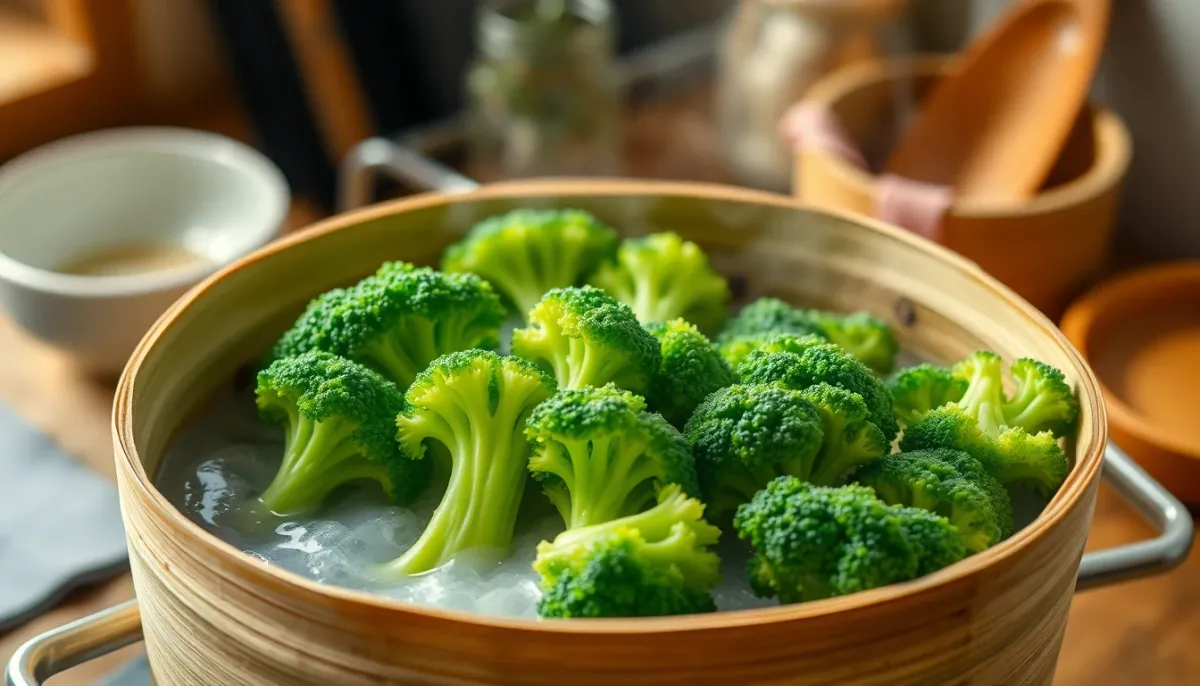 Cuisson vapeur de brocoli dans un panier en bambou pour préserver les vitamines