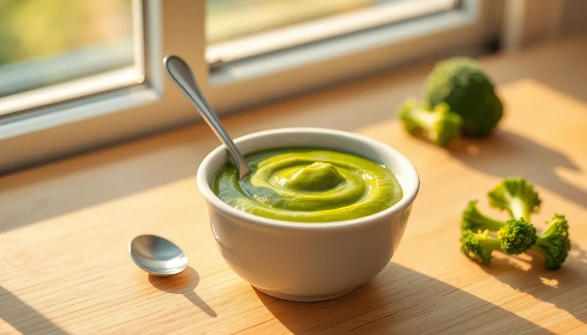Purée lisse de brocoli dans un petit bol blanc pour bébé de 4 à 6 mois