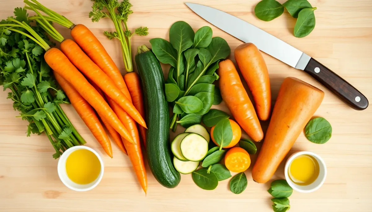 Vue de dessus de légumes frais préparés pour être intégrés dans des recettes pour enfants