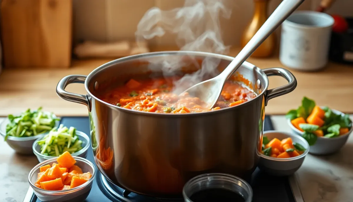 Préparation d'une sauce pour plat chaud avec des légumes mixés et râpés intégrés discrètement