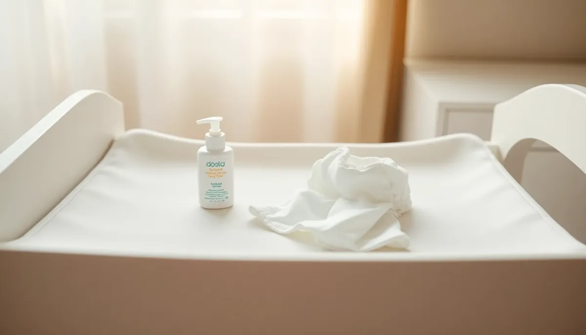 Table à langer organisée avec des produits de soin doux pour le change de bébé sans talc
