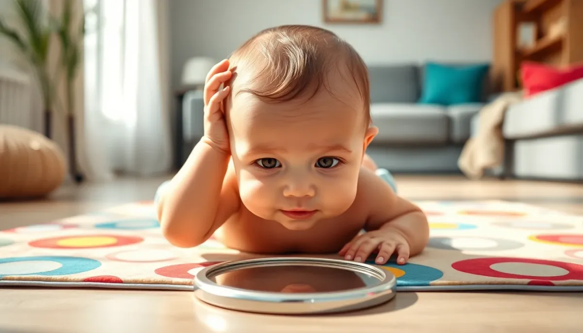 Bébé de 3 mois en tummy time sur un tapis d'éveil, soulevant la tête et le thorax en s'appuyant sur les avant-bras