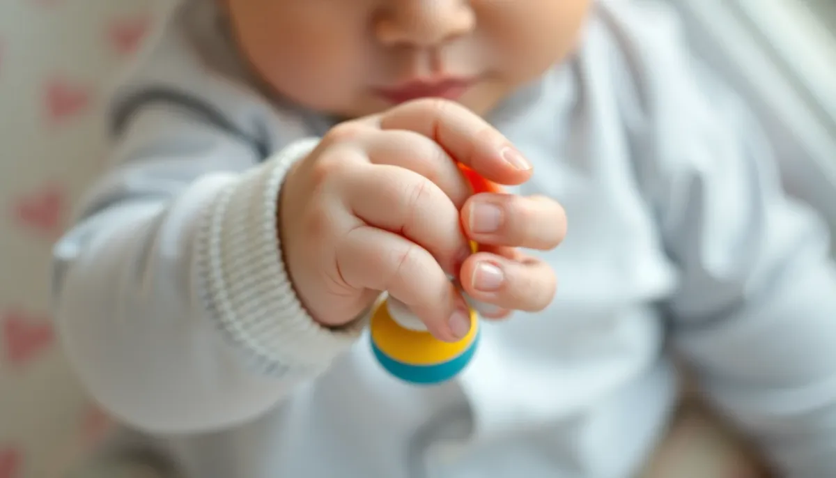 Gros plan sur les mains d'un bébé de 6 mois saisissant un hochet coloré en bois