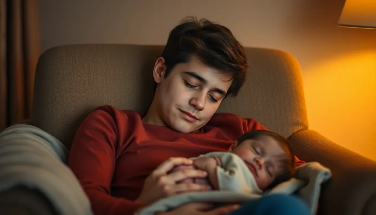 Parent épuisé mais serein se reposant dans un fauteuil avec son nourrisson endormi sur la poitrine dans une lumière dorée apaisante