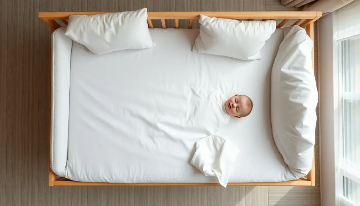 Vue de dessus d'un lit bébé sécurisé avec matelas ferme et draps ajustés, sans oreillers