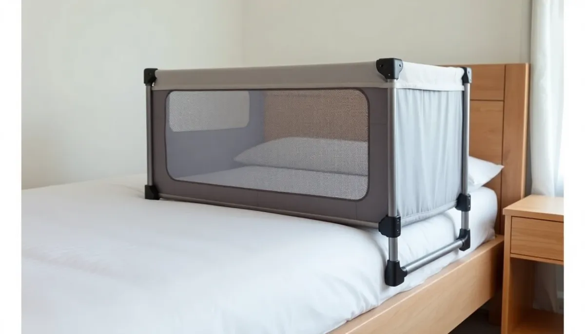Vue latérale d'un lit cododo attenant fixé au lit parental, montrant la séparation sécurisée
