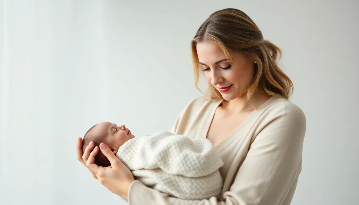 Mère avec nouveau-né dans une ambiance douce et élégante, représentant les parents choisissant le prénom Adélaïde