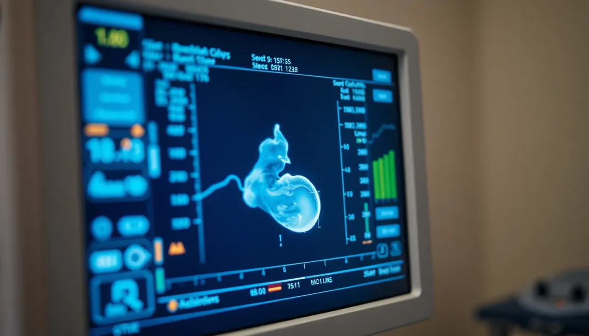 Écran d'échographie affichant les mesures biométriques et les courbes de croissance fœtale