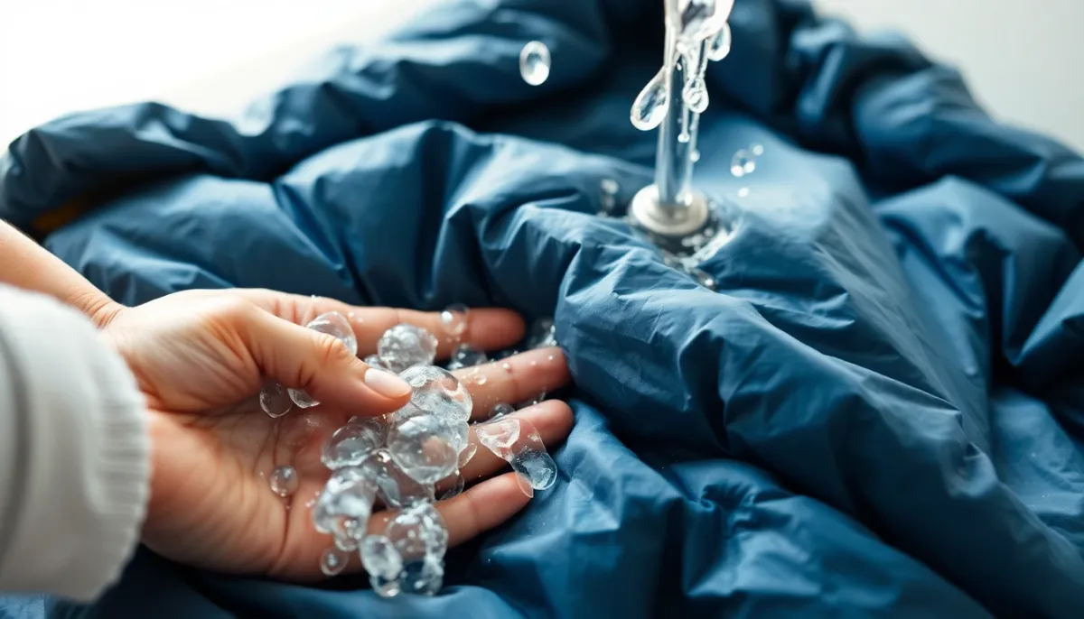 Sac de couchage en cours de lavage et d'entretien, montrant la facilité de nettoyage et de maintenance