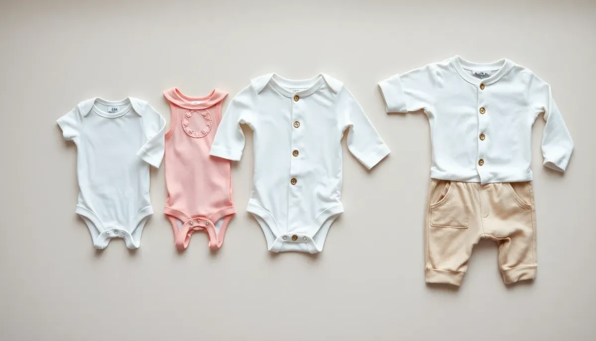 Arrangement de bodies et vêtements pour bébés de différents âges, montrant l'évolution des tailles et des styles