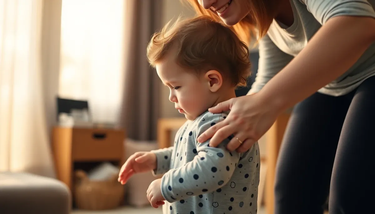 Parent aidant un jeune enfant à s'habiller, illustrant les aspects pratiques de la transition vestimentaire