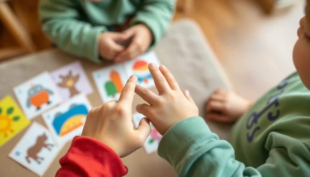 Gros plan sur les mains d'un enfant pointant vers des cartes d'images colorées lors d'une activité de développement du langage