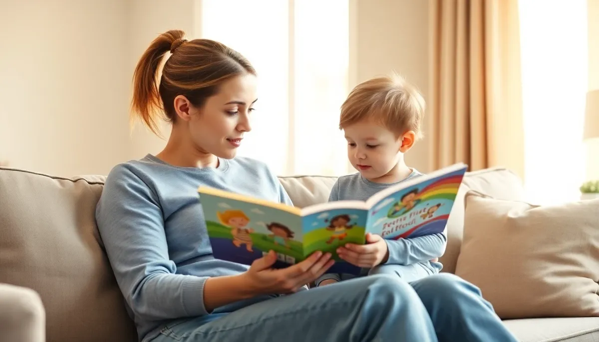 Parent lisant un livre illustré coloré à un enfant, illustration de la stimulation du langage à la maison