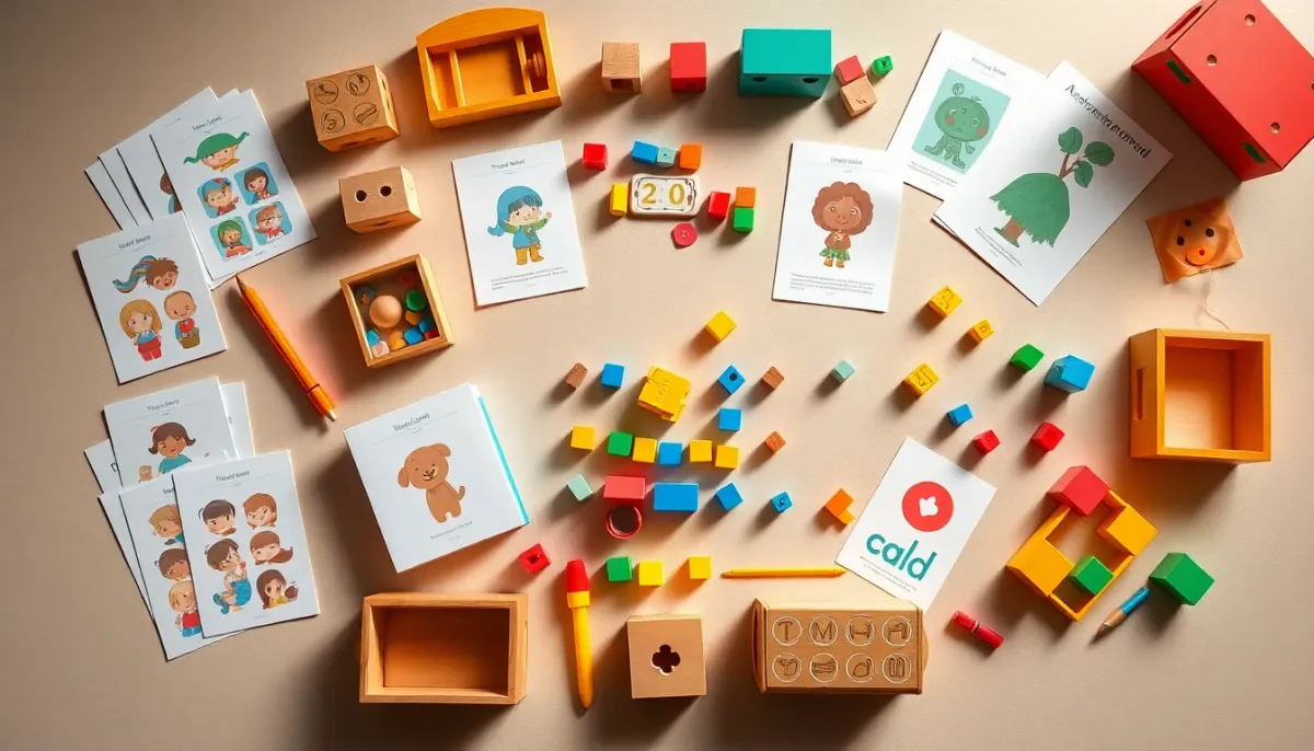 Vue de dessus d'outils d'évaluation du développement du langage et jouets interactifs pour enfants