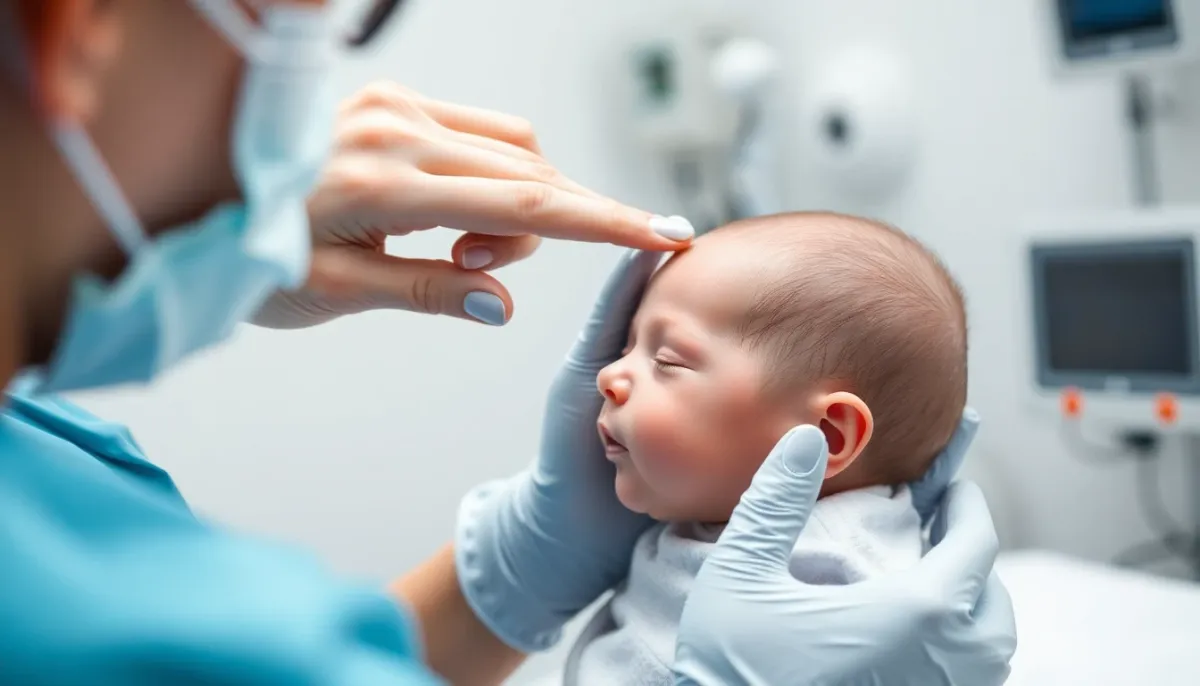 Mesure de la taille et du périmètre crânien d'un nouveau-né par un professionnel de santé