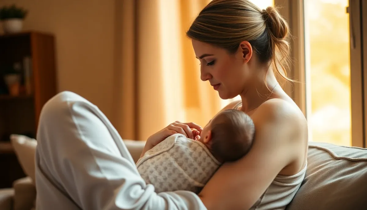 Mère allaitant son bébé nouveau-né dans un environnement calme et confortable