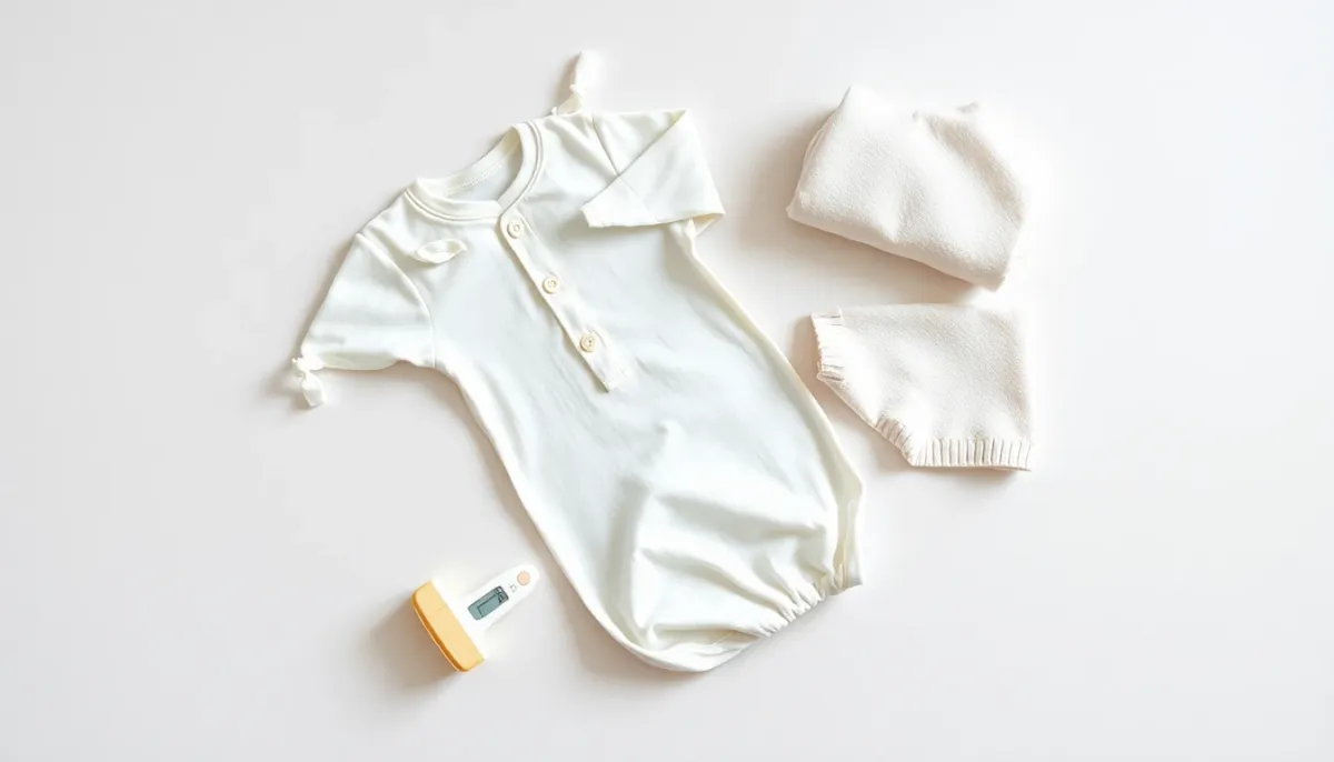 Arrangement de vêtements légers et accessoires de soin pour bébé sur surface neutre