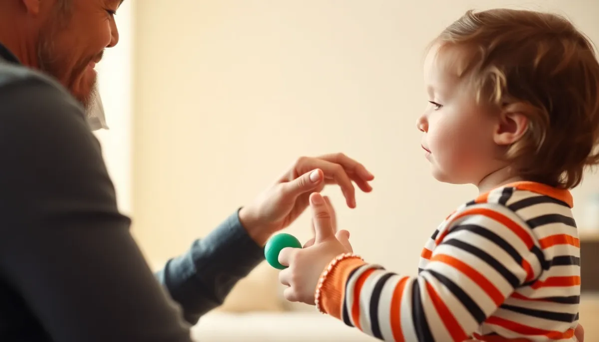 Parent redirigeant doucement l'enfant vers une activité alternative avec bienveillance