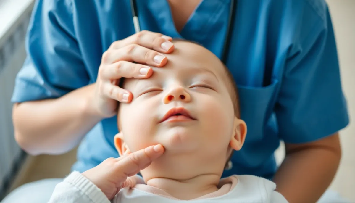 Gros plan des mains d'un parent examinant délicatement la tête d'un bébé après une chute