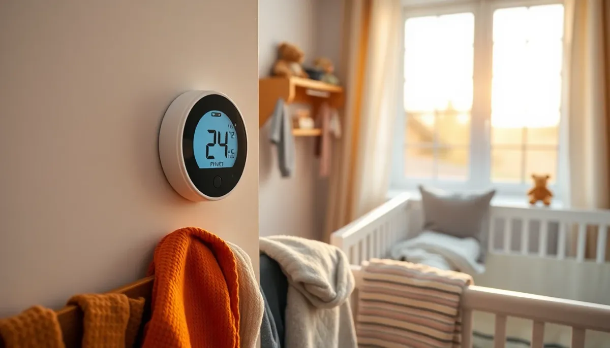 Chambre d'enfant avec thermomètre numérique et vêtements de nuit adaptés aux saisons