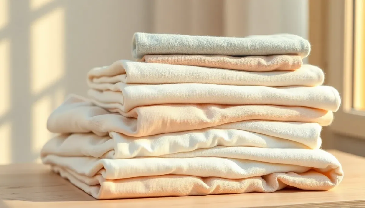 Pile de vêtements pour bébé en matières naturelles : coton, bambou et laine douce
